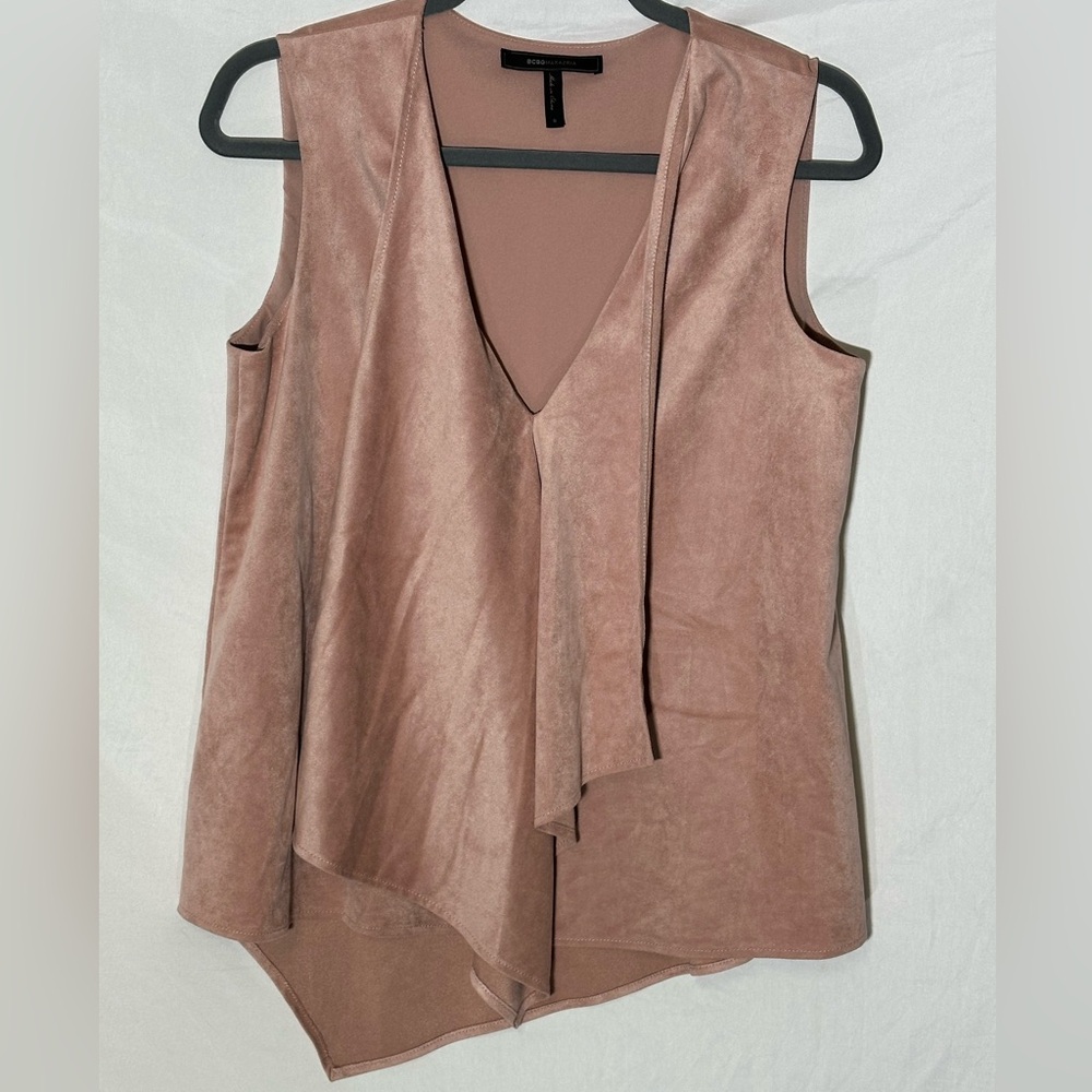 BCBG Max Azria Blouse Tank Top Wmns Small Draped High Low Sleeveless Faux Suede